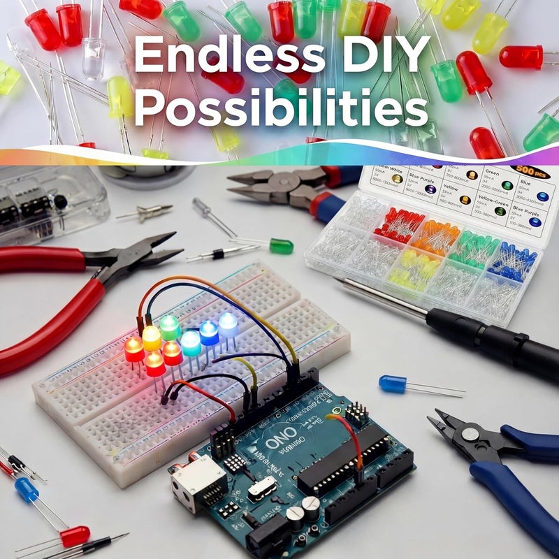 ElectricWise 10 Colors 500 Pcs 5mm LED Diode Lights Assored Kit - Bright Lighting Bulb Lamps, 5 mm LED Light Emitting Electronics Components for Science Project Experiment & DIY Project - Image 2